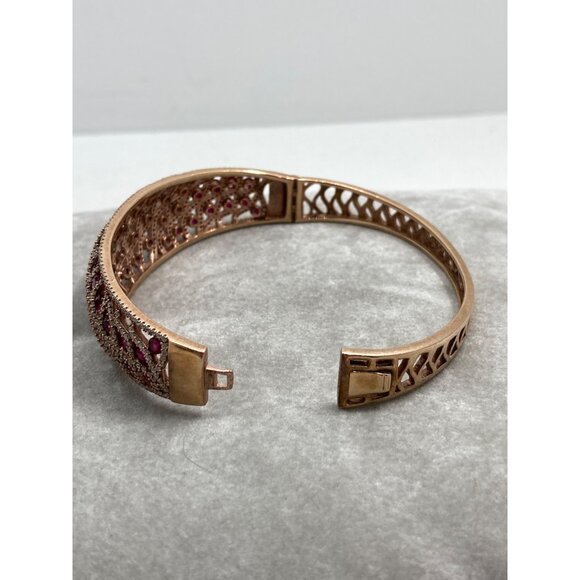 Gold-Plated 925 JCL Silver Bangle Bracelet With Red Gemstone Accents & Intricate - Picture 8 of 9